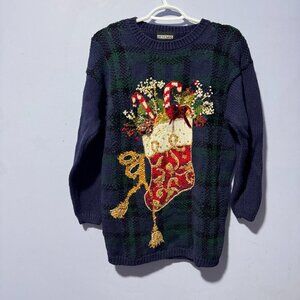 Vintage Simpatico brand ladies medium plaid with lots of embellishments sweater
